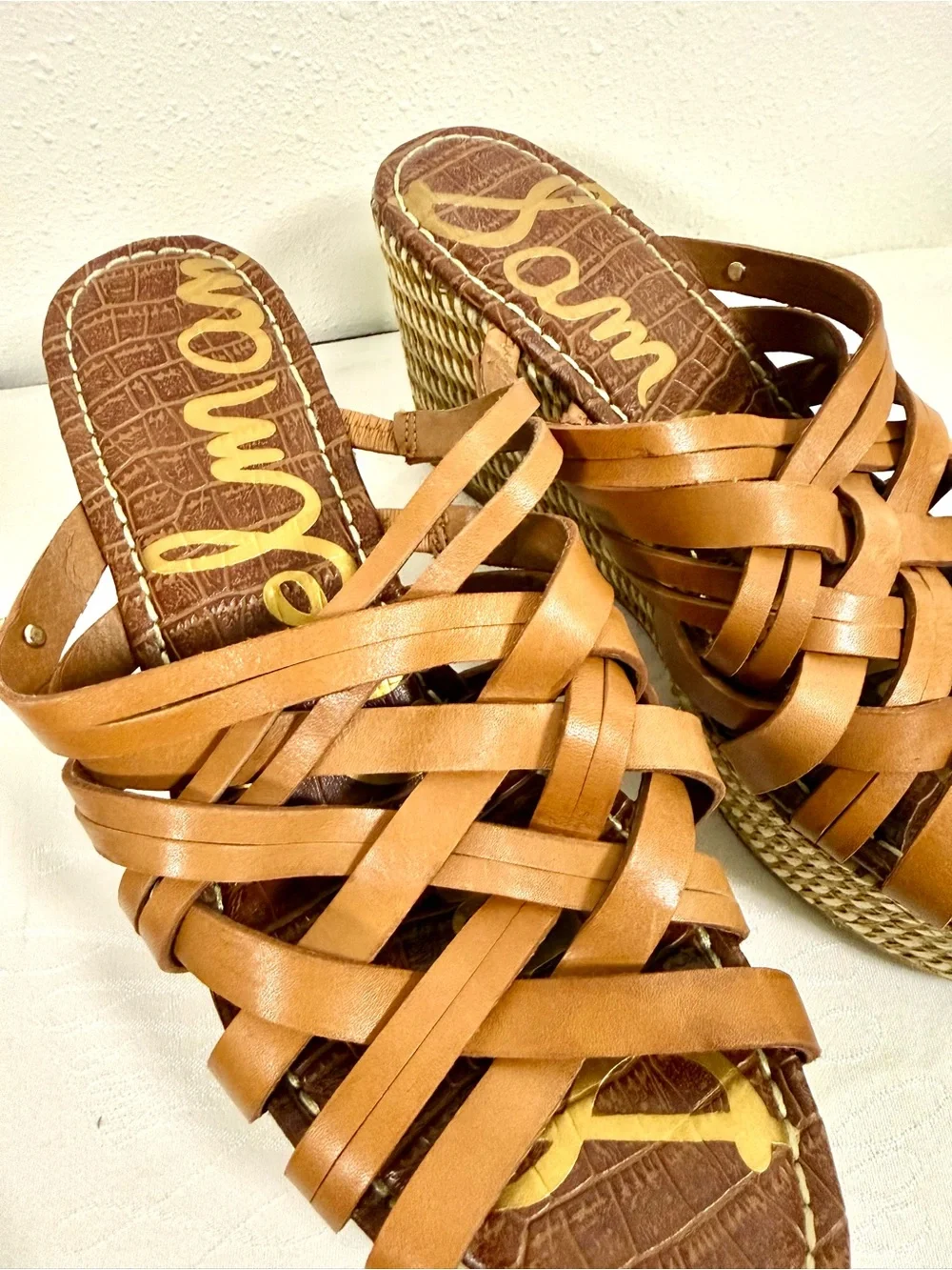 Sam Edelman Leather Espadrille Wedge Sandals 8.5 Tan Strappy Platform